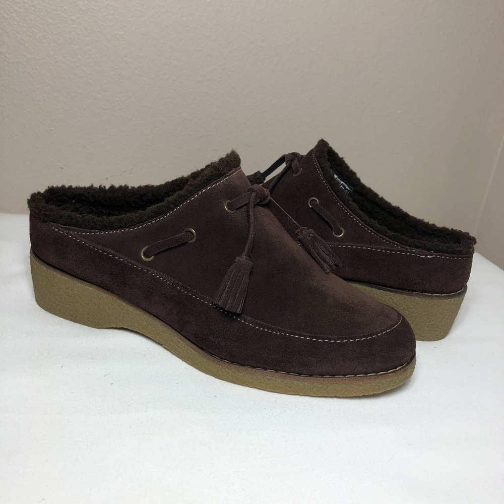 Lands' End Women's Leather Chalet Tassel Fur Lining Brown Mules Clogs 8B‎ - Picture 2 of 14